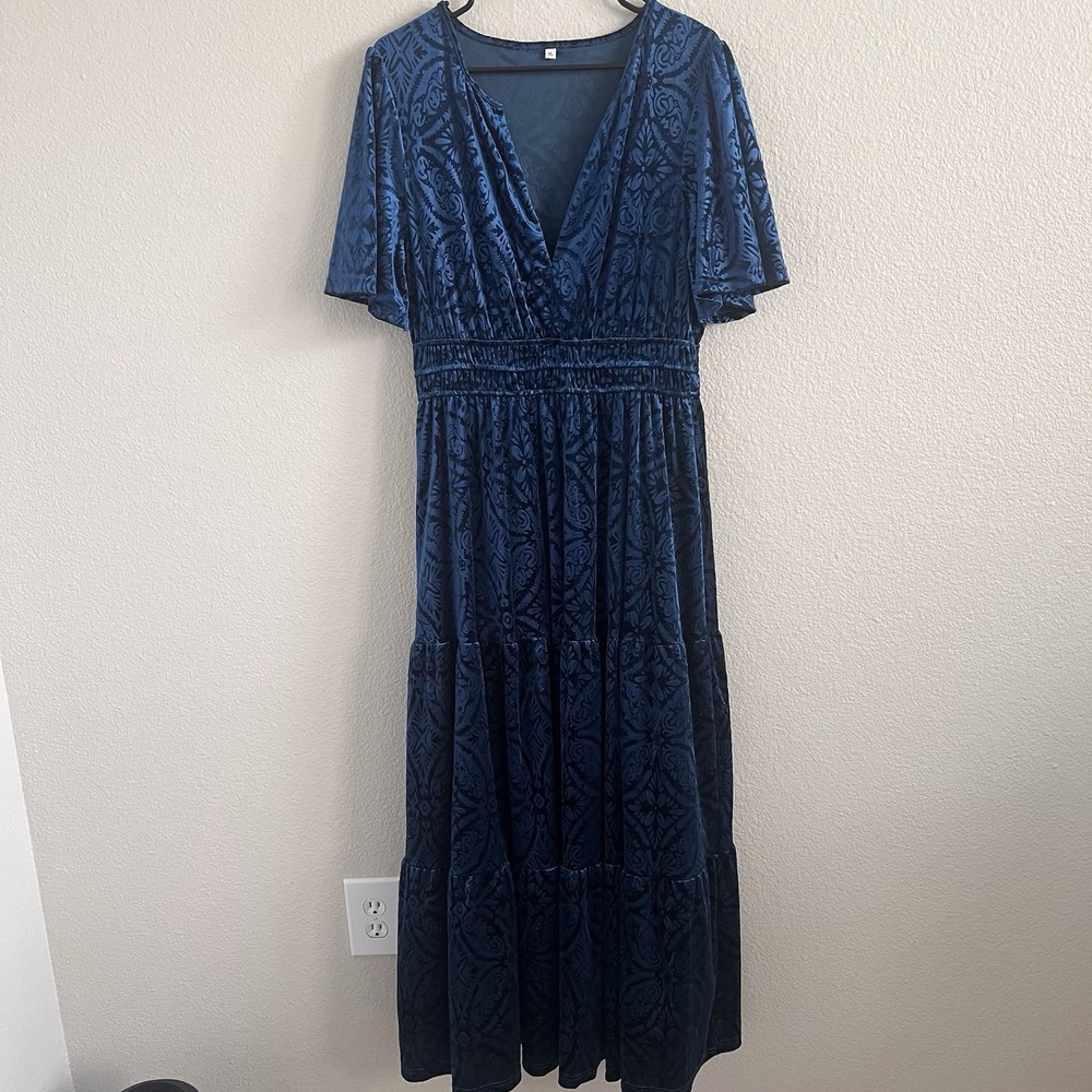 XL Women's Maxi Teal Velvet Burnout Empire Waist V-Neck Goddess Smocked Tiered